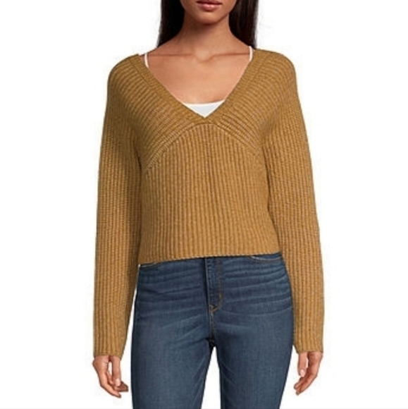Arizona Jeans Company Marigold Yellow Gold Double V Neck Sweater Size XS - Picture 1 of 9